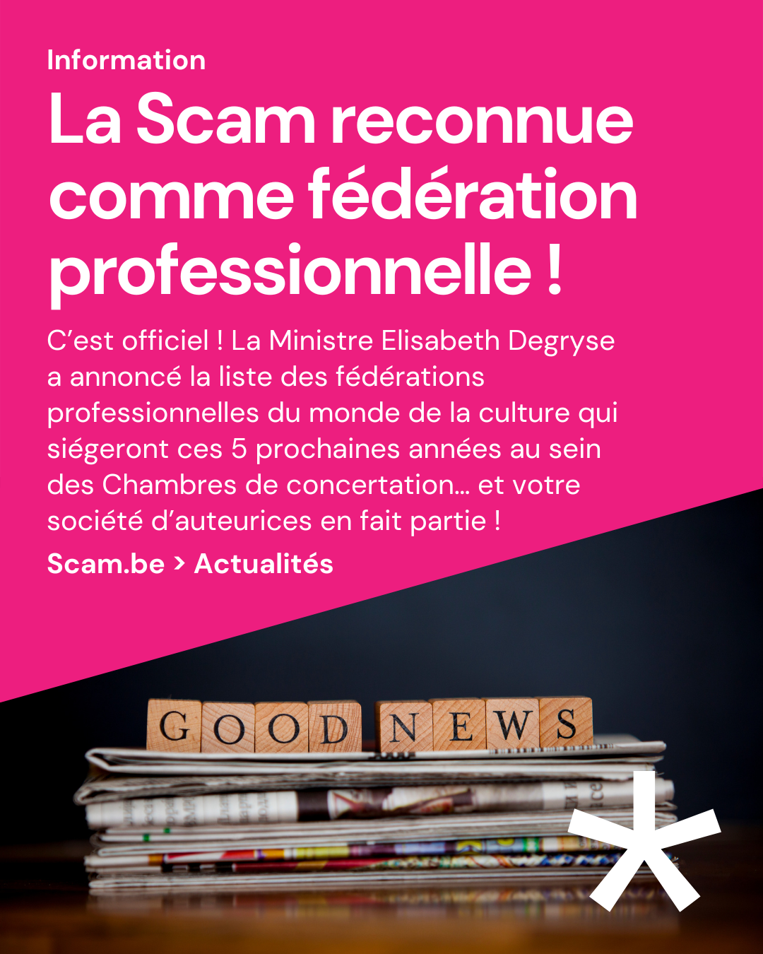 Bonne nouvelle : la reconnaissance de Scam renouvelée pour 5 ans par la Ministre Elisabeth Degryse